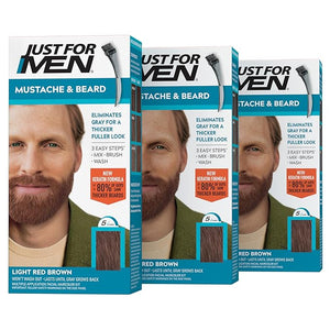 Just For Men Mustache &amp Beard Beard Dye for Men with Brush With Keratin Biotin Aloe and Coconut Oil for Healthy Facial Hair - Light Red Brown M-27 Pack of 3 (Packaging May Vary)