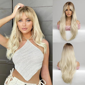 Honygebia Light Blonde Wig with Bangs - Ombre Platinum Blonde Wigs for White Women Long Straight Wavy Synthetic Heat Resistant Hair Natural Cute Wigs for Halloween/Christmas/Cosplay/Party