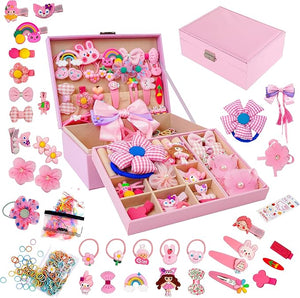 Hair Accessories Set with Jewelry Box - Hair Clips Barrettes Ties Bows for Girls Ages 3-12