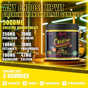 zipvit Creatine Monohydrate Gummies (5g) ? Pre-Workout Energy &amp Muscle Growth Support for Men &amp Women | Pineapple Electrolyte Gummies (135 Count)