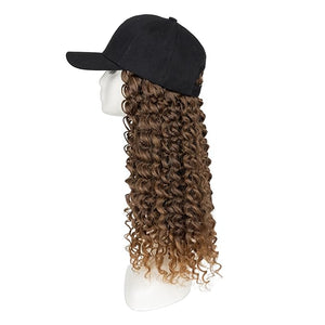 TESS Black Baseball Cap with 20'' Long Coily Synthetic Hair Extensions for Women and Girls - Adjustable &amp Breathable Wig Cap for Daily Use Outdoor Activities