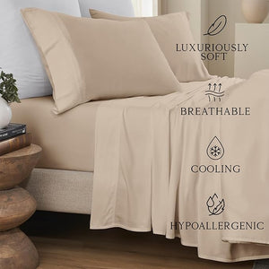 KARISSA MAE Cooling Bamboo Viscose Queen Sheet Set | 100% Organically Grown | 18¡± Deep Pocket | Silky Soft &amp Hypoallergenic | with Organizer Band &amp Elastic Corner Straps [Dune]