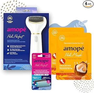 Amop? Pedicure Value Kit Spa Pampering Pack Self-Care &amp Relaxation Gift contains Pedi Perfect Electric Callus Remover Foot File 2 Macadamia Oil PediMask Foot Masks 2 Roller Heads ? 4 pieces