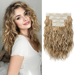 REECHO Clip in Hair Extensions, 4PCS Hair Extensions 12" Short Curly Wavy Blonde hair extensions Invisible Lace Weft Natural Soft Hairpieces for Women ? Golden Blonde with Highlights