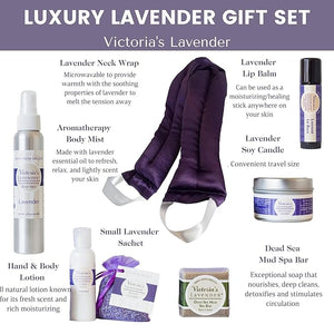 Victoria's Lavender Luxury Gift Basket for Women - Neck Wrap Body Mist Hand &amp Body Lotion Lip Balm Soy Candle Mud Spa Bar &amp Lavender Sachet Skin Care Sets Made in USA Beauty Products Fo