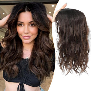 PANEWAY Hair Topper 16 Inch Synthetic Wavy Hair Piece for Women, Clip in Top Hair Extensions, Natural Black Root to Chocolate Brown Ombre Wiglet for Volume &amp; Coverage