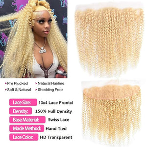 613 Blonde Kinky Curly 3 Bundles with Frontal Closure Ear to Ear Brazilian Blonde Curly Bundles with Frontal with Baby Hair Can Be Dyed PT.Venus (22 24 26+20inch, 613 curly)