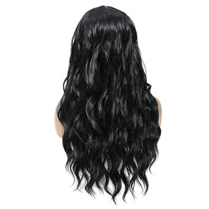 SWACC Long Curly Wavy Wig with Bangs Synthetic Hair Wig for Women with Wig Cap (Black)