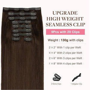 GOO GOO Clip in Hair Extensions Real Human Hair Remy Human Hair Extensions Clip ins for Women Natural Human Hair 16inch 160g 9Pcs #4A Chocolate Brown