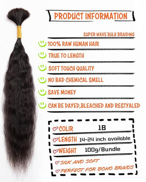 Super Wave Human Braiding Hair-Wet And Wavy Bundles Human Hair for Boho Braids100% Top Grade Unprocessed Brazilian Virgin Hair Extensions(14 Inch-5 BundlesNatural Black)