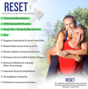 Reset+ 7 Energy Electrolytes High Methyl B12 Methyl Folate Pink Salt High Magnesium Super B Complex Green Tea &amp Green Coffee Extracts Biotin Zinc 72 Trace Minerals