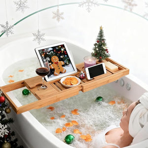 Utoplike Bamboo Bathtub Caddy Tray Bath Tray for Tub Adjustable Bathroom Bathtub Organizer with Book Tablet Wine Glass Cup Towel Holder