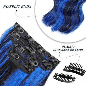 Vigorous Clip in Long Wavy Synthetic Hair Extension 4PCS Blue Black Highlights Hair Extensions 20Inch Easy to Install for Daily Use and Event Party Use