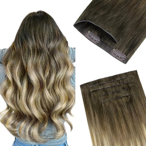 GOO GOO Invisi Edge Clip in Hair Extensions 16inch 110g 7Pcs Injected Seamless PU Clip in Hair Extensions Virgin Real Human Hair 3/8/613 Balayage Walnut Brown to Ash Brown and Bleach Blonde