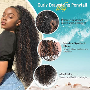 Kalyss Drawstring Ponytail for Black Women Deep Curly Ponytail Extension Synthetic Blended Afro Kinky Curly Pony Tail Hairpieces for Women 27 Inches£¨Brown Highlights£©
