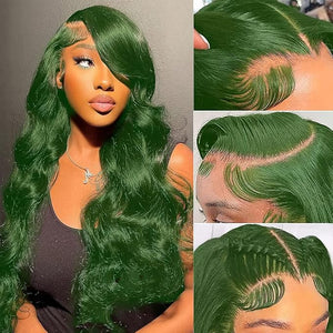 Colorful Bird 32 Inch Dark Green Lace Front Wigs Human Hair Body Wave 13x4 HD Lace Frontal Wig Pre Plucked with Baby Hair Green Wigs Glueless 150% Density