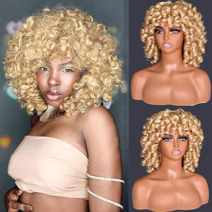 Short Blonde Kinky Curly Wigs Human Hair Mixed Synthetic with Bangs Soft Afro Volume for Black Women Daily Use