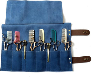 Salon Scissors Bag Roll Up 12 Pockets Genuine Leather Stylist Grooming Scissors Holder Barber Hair Scissor Shears Cases for Hairdressers (HJ-ZP011-Blue)