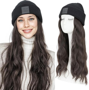 SEGO Beanie Wig for Women Hat with Hair Extentions Synthetic 18 Inch Wavy Hairpiece Winter Warm Knitted Hat with Hair Attached for Women Girls 04