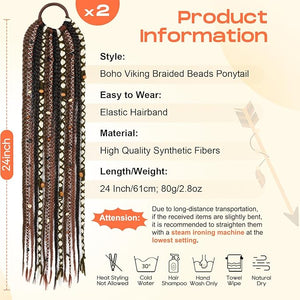 SEIKEA 2PCS Boho Braided Ponytail Extension with Hair Tie 24 Long Viking Dreadlock Beads Ponytail Hand-braided Braids Hair Extensions Lightweight Natural Synthetic Hairpiece for Festival Cosplay