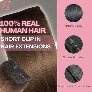 2 Pcs Short Hair Extensions, Real Hair Clip in Extensions Hair Human for Women 12 Inch Chocolate Brown