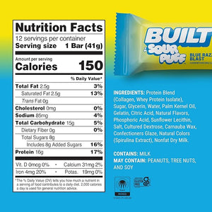 Built Bar Sour Puff Protein Bars Blue Razz Blast Collagen On-the-go Snacks Sour Candy Snack 12 Pack