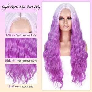 FAVE Ombre Purple Wig Long Wavy Wigs for Women 28 Inches Middle Part Purple Wigs Light Roots Synthetic Wig for Daily Party Use