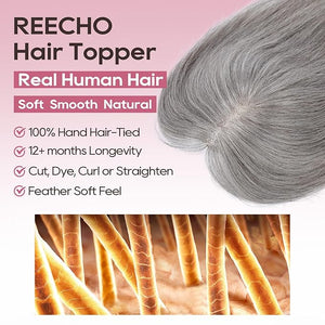 REECHO Hair Toppers for Women Real Human Hair Seamless Human Hair Toppers with Bangs 360¡Æ 3D Cover Clip in Bangs Hair Extensions for Daily Wear Dark Gray