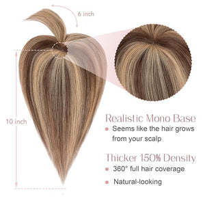 SEGO Hair Toppers for Women Real Human Hair with Bangs Mono Base 10 Inch Clip In Bangs Wiglets Topper Hairpieces for Women with Thinninghair /4P27 Medium Brown&ampDark Blonde