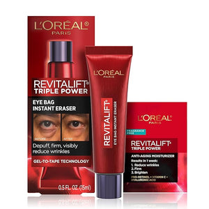 L'Oreal Paris Revitalift Triple Power Eye Bag Instant Eraser Eye Tightener Treatment to Firm Bags 0.5 oz + Moisturizer Sample