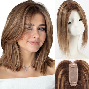 starluck Hair Toppers for Women Real Human Hair 4.5"*1.5"Silk Base Brown Mix Blonde balayage No Bangs 100% Real Human Hair Toppers for Women with ThinningHair Cover Gray Roots