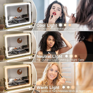 FENNIO Gold Vanity Mirror with Lights 22x19 LED Lighted Makeup Mirror Large Makeup Mirror Make up Mirror with LightingTouch Screen with 3-Color LightingDimmablefor Vanity Desk Tabletop