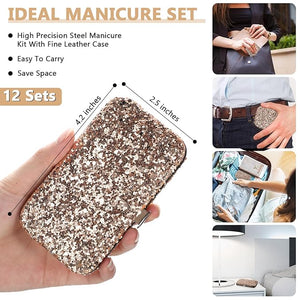 Geosar 12 Set Christmas 8 in 1 Manicure Set Christmas Stainless Steel Nail Clippers Kit Pedicure Care Tools with Leather Case Travel Grooming Kit Gift for Women Men(Glitter Rose Gold)