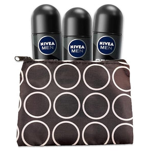 Nivea Deep Black Carbon Dark Wood Deodorant for Men - 3 Pack Roll-On Anti-Perspirant Deodorant Travel Size 50 ml Bundle with Travel Bag