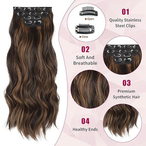 Vigorous Clip in Hair Extensions 4PCS Brown mixed Long Wavy Hair Extension 24Inch Soft Synthetic Hairpieces for Women