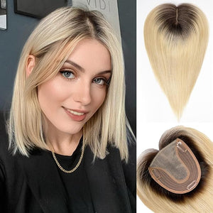 HAIRCUBE Hair Toppers for Women Real Human Hair No Bangs 5 * 5.5 inch Base 14 inch ombre Light Blonde Human HairTopper for Women with ThinningHair Cover Gray Roots