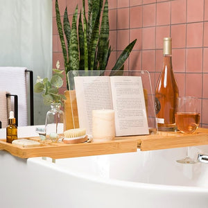 Waterproof Shield Keeps Your Book Open ? Extendable Bamboo Bathtub Tray with Wine Glass Holder Protects from Drips and Splashes - Luxury Bath Tub Caddy Tray for Relaxing in The Bathtub