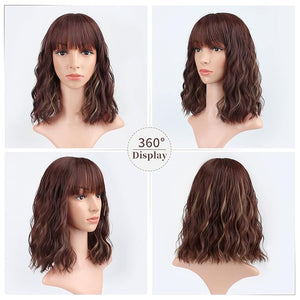 FAELBATY Short Brown Wig Highlight Gold Wigs With Bangs Women's Reddish Brown Mixed Blonde Bob Wig Curly Wavy Synthetic Cosplay Wig Shoulder Length Wig for Girl's Costume Wigs (12" 33/27)