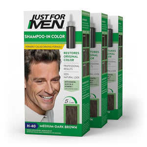 Just For Men Shampoo In Color Hair Color for Men with Keratin and Vitamin E for Stronger Hair Restores Natural Hair Color Medium-Dark Brown H-40 Pack of 3