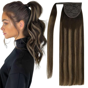 Full Shine Human Hair Ponytail Hair Piece Dark Brown Fading Light Brown Highlight Darkest Brown Ponytail Hair Extensions Real for Thin Hair 18inch 80g