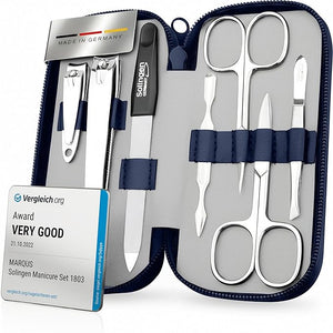 Manicure Set Solingen Made in Germany - 7 Piece Exclusive Finger &amp Toe Nail Clippers Kit for Women and Men in Real Leather Case Color Blue