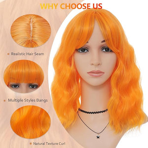 Orange Wig With Bangs for Women - Short Wavy Curly Bob 14 Inch Shoulder Length Colored Hair for Party Cosplay Halloween