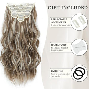 Hair Extensions Clip ins 6 PCS Wavy Extensions Brown with Blonde Highlights Thick Hairpieces Blends Well Hair (16Inch 6PCS Brown with Blonde Highlights)