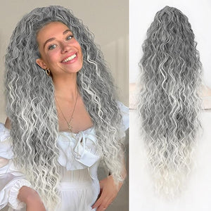 Stamped Glorious Ponytail Extension 30 Curly Wavy Pony Tail Claw Multi Layered Clip on Ponytail Extension Long Fluffy Natural Looking Synthetic Hair Piece for Women(Omber Grey)