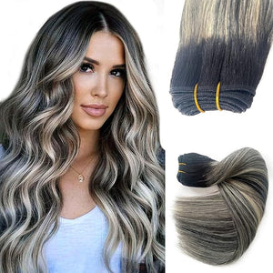 Balayage Blonde Highlight Weft Hair Extensions Human Hair Weave Extension Black Hair Balayage White Grey Highlights Sew in Hair Extensions Real Human Hair Wefts 18 Inch Hair Wefts Weave Bundles 100G