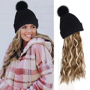 Women Winter Beanie Hat with Wig Big Wavy Curly Hair Extensions Knit ski Snow Cap Attached Party Daily Weddings Wig