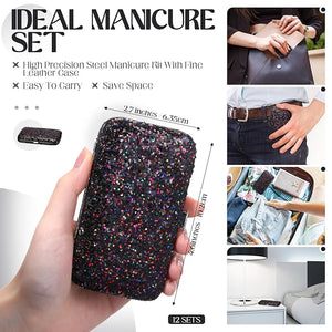 Geosar 12 Set Christmas 8 in 1 Manicure Set Christmas Stainless Steel Nail Clippers Kit Pedicure Care Tools with Leather Case Travel Grooming Kit Gift for Women Men(Glitter Dark Red)