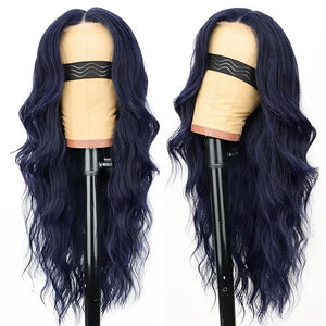 AISI HAIR Dark blue Wigs for Women Long Wavy Lace Hairline Middle Part Synthetic Heat Resistant Wig for Daily Party-26 Inch