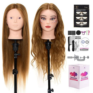 Mannequin Head with 80% Real Human Hair 28¡° Make up Cosmetology Manikin Practice Head with HairBraiding Hairdressing Doll Head with Table Clamp + DIY Hair Styling Set Suitable for Hair Extensions