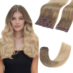 GOO GOO Clip in Hair Extensions Real Human Hair Remy Human Hair Extensions Clip ins for Women Natural Human Hair 22inch 150g 9 Pcs #9/18J/60 Chocolate Brown to Champagne Blonde Balayage